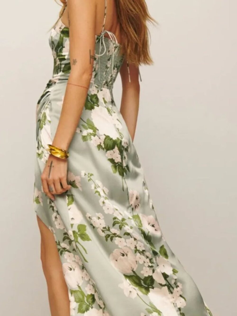 Reformation Marguerite Silk Gown in Tea Garden in Tarragon - Picture 2 of 5